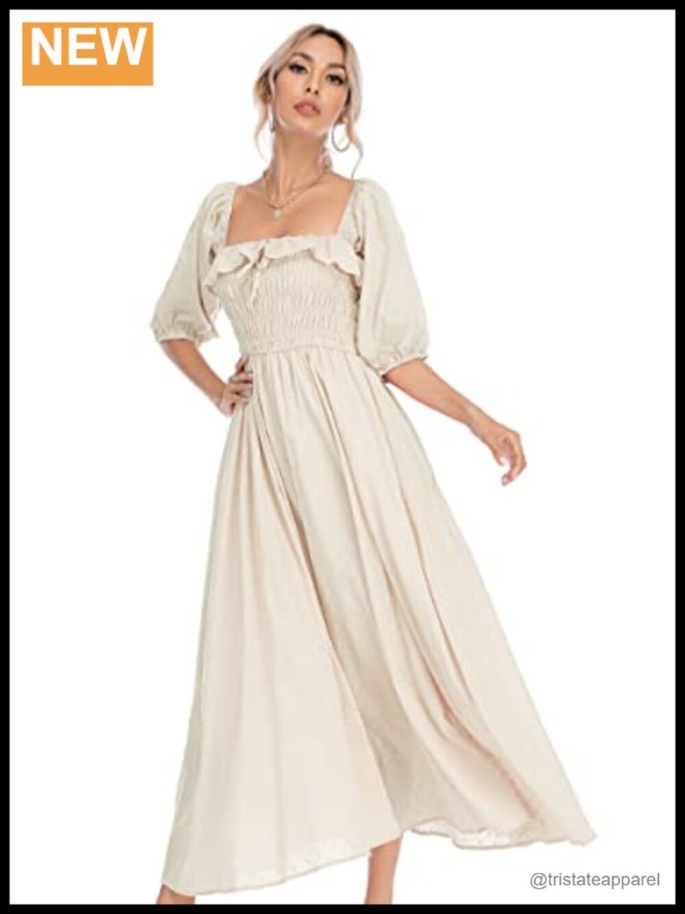 R.Vivimos Cotton A-Line Midi Dress Square Neck Puff Sleeve Casual
